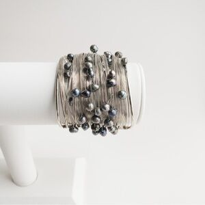 Wide Wire Wrapped Bangle Cuff Bracelet With Black Peacock Freshwater Pearls NWT